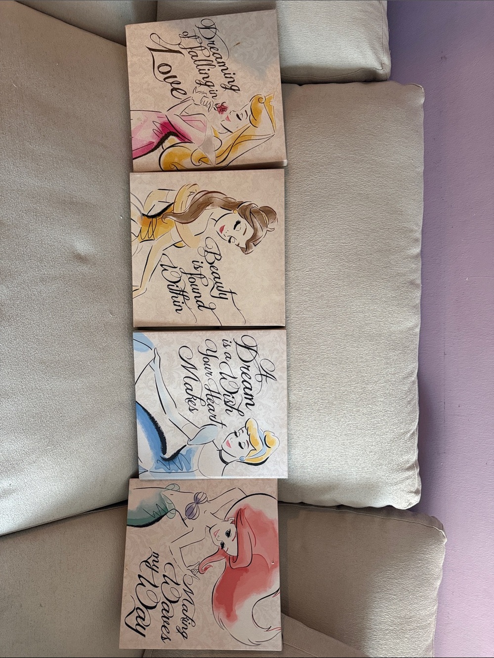 Set of 4 Watercolor Disney Princess Canvases - Pink, Blue, Yellow, Peach